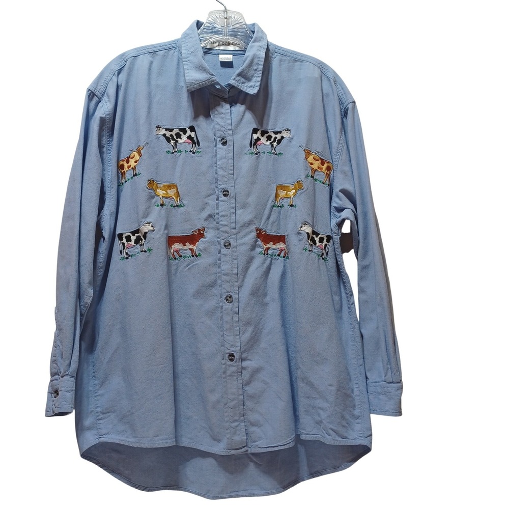 Casey Coleman Women L Chambray Shirt Cow Embroidery Farmhouse Grannycore Country